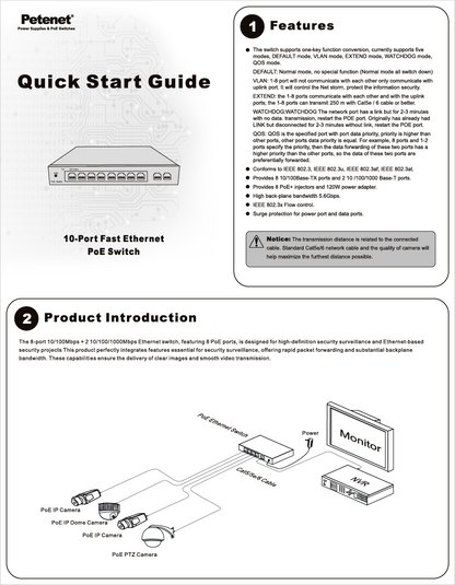 8-Port Fast Ethernet PoE+ Switch with 2 Gigabit RJ45 Uplink Ports