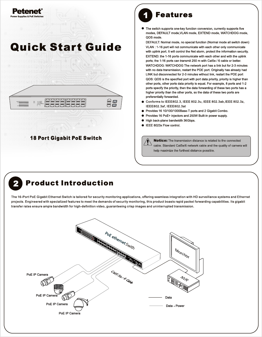 16-Port Gigabit Unmanaged PoE+ Switch with 2 Shared Gigabit ports