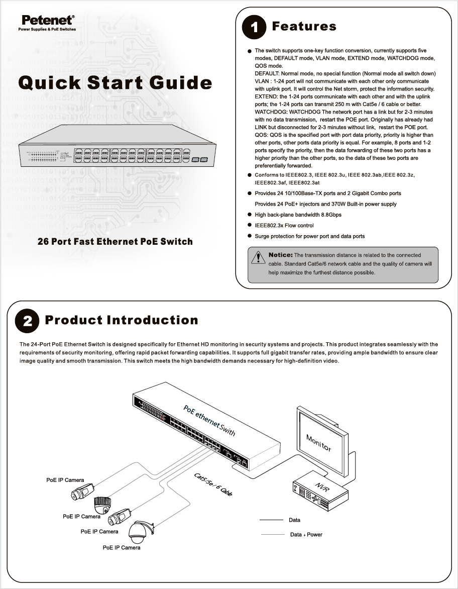 24-Port Fast Ethernet PoE+ Switch with 2 Shared Gigabit Uplink Ports