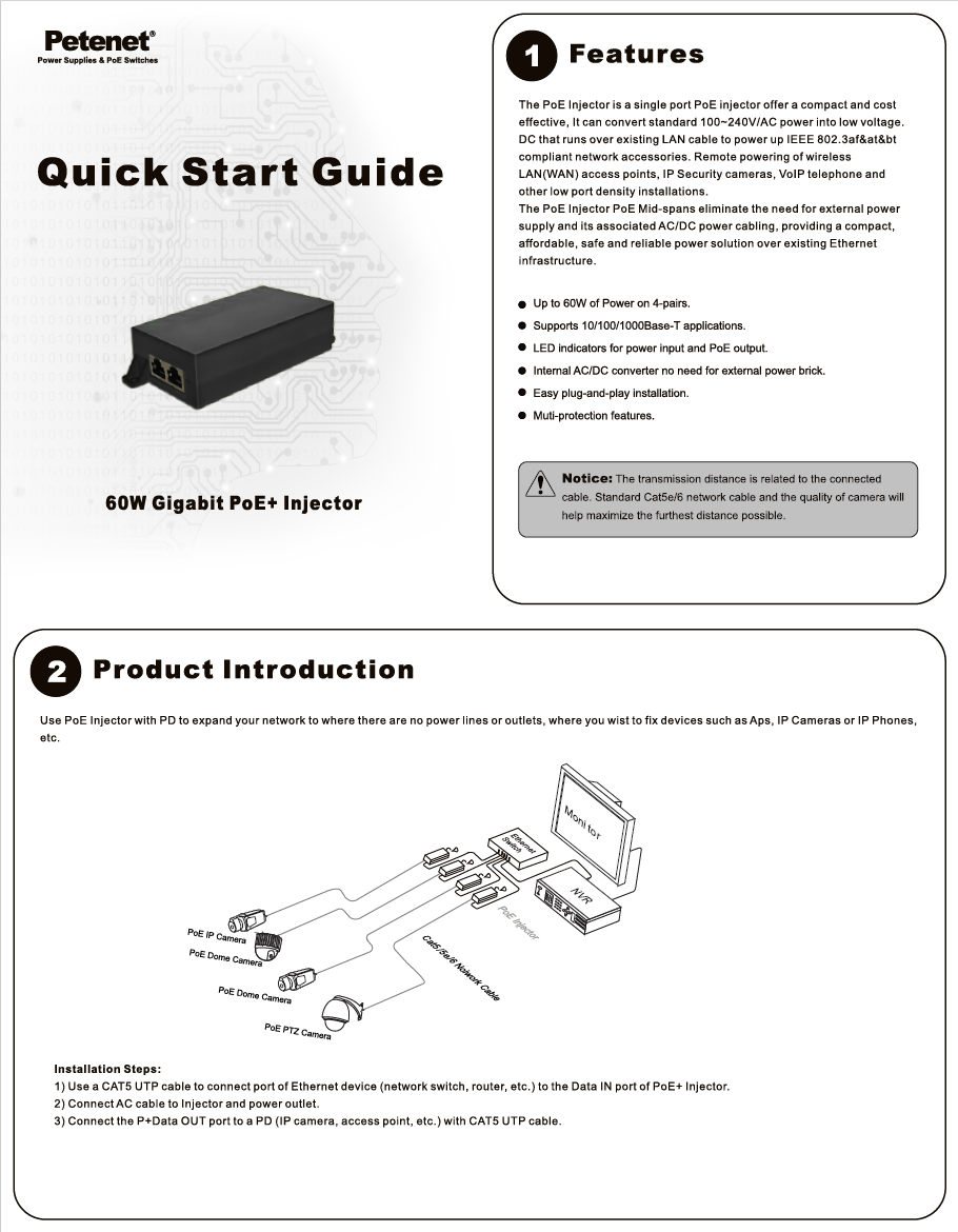 60W Gigabit PoE++ Injector