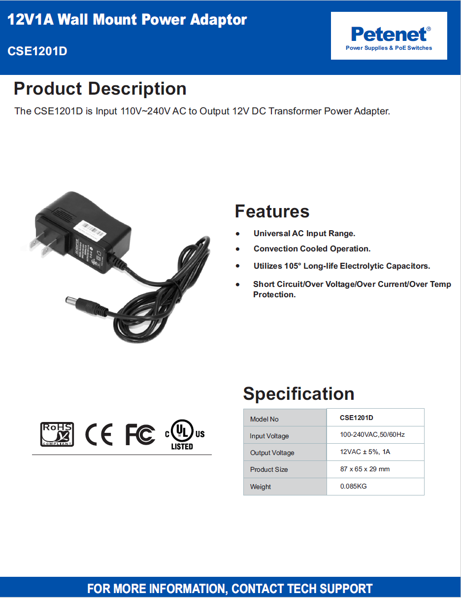 DC 12V 1A Power Adaptor