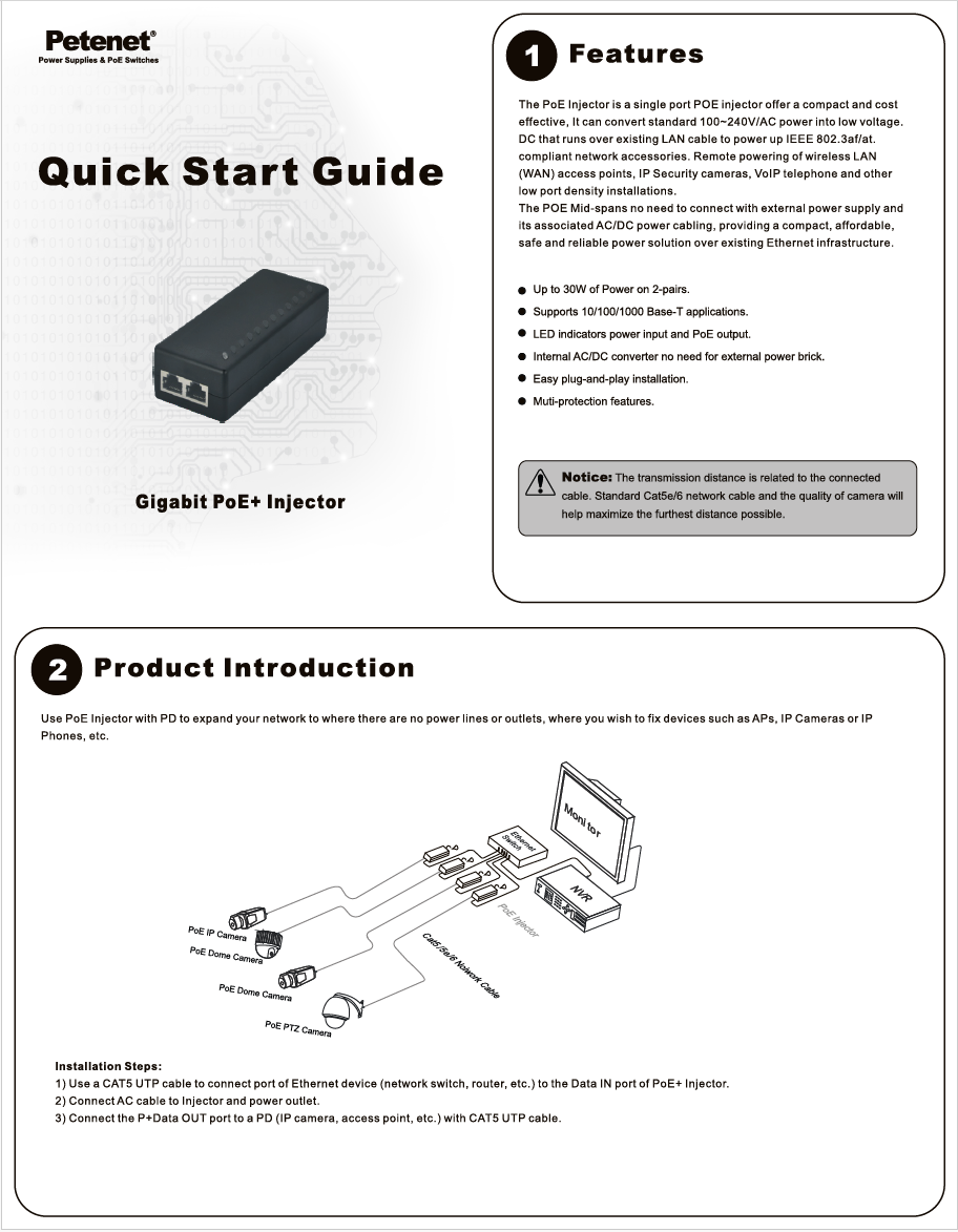 Gigabit PoE+ Injector