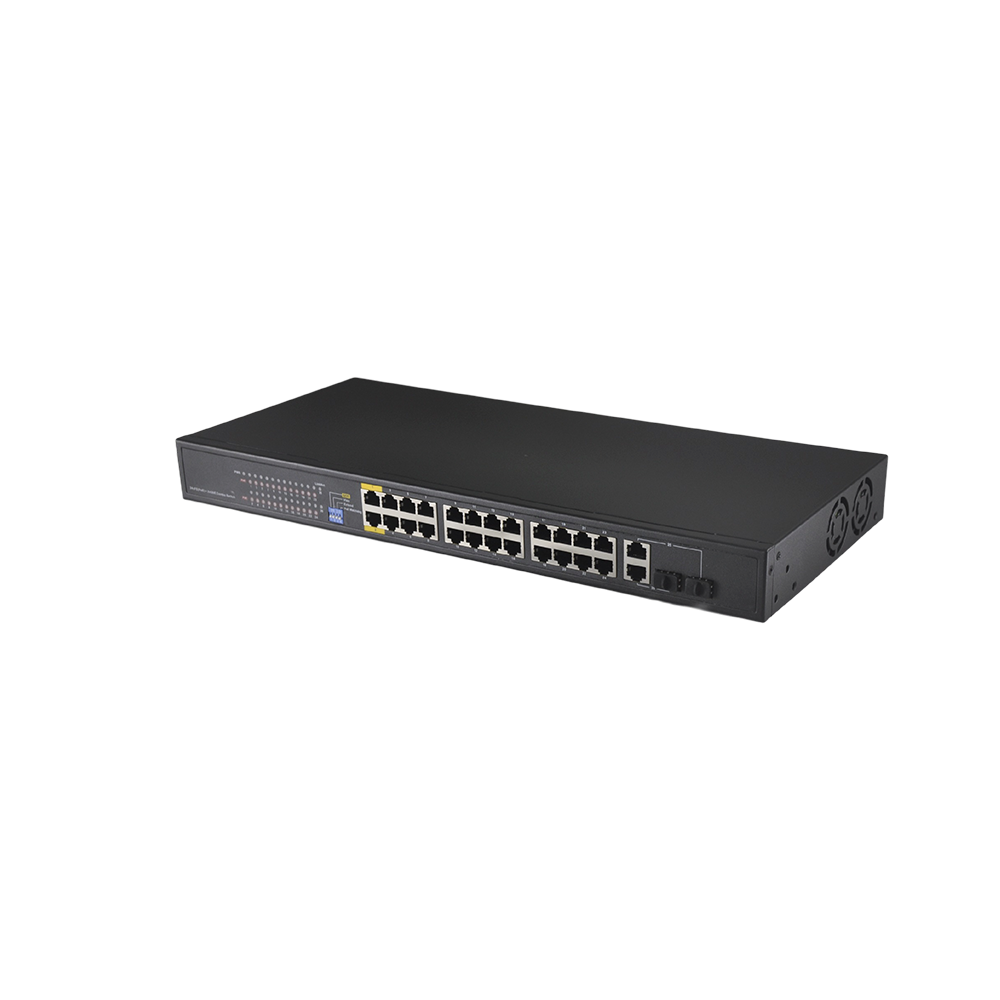 24-Port Fast Ethernet PoE+ Switch with 2 Shared Gigabit Uplink Ports