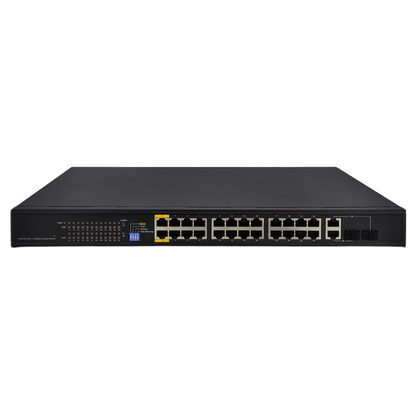 24-Port Fast Ethernet PoE+ Switch with 2 Shared Gigabit Uplink Ports